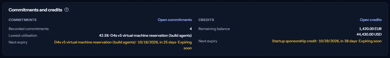 The commitments and credits panel: the number of commitments, the lowest utilisation and the next expiry on one side, the remaining credit balance for each currency and its next expiry on the other.