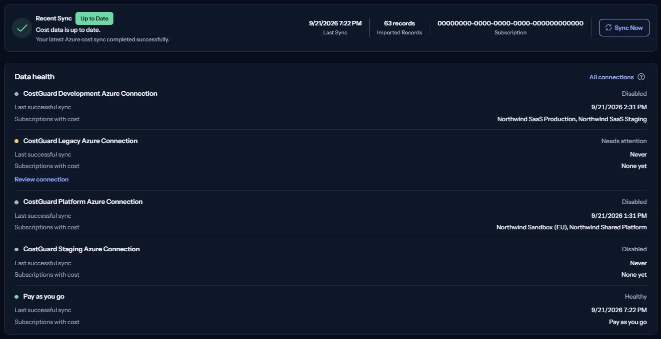 The sync status card with the state of the latest sync, its time, the imported records and the sync button, and under it the data health list with one row for each connection.