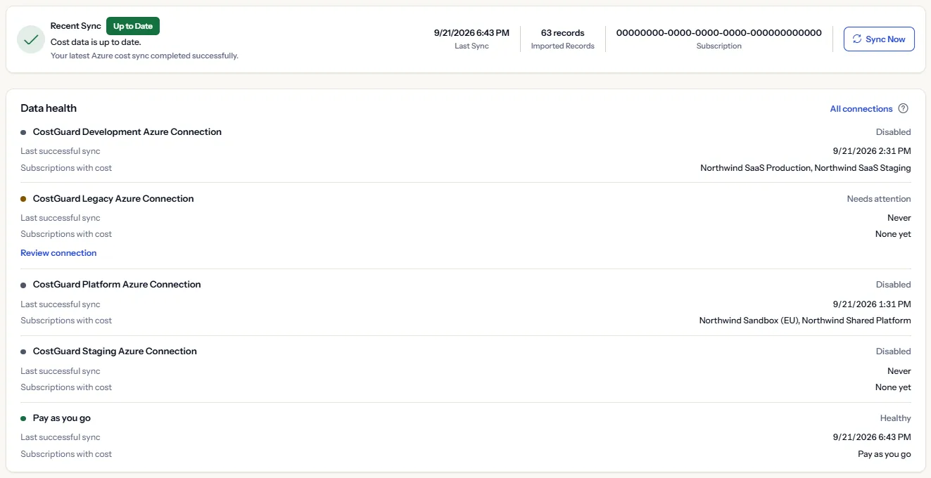 The sync status card with the state of the latest sync, its time, the imported records and the sync button, and under it the data health list with one row for each connection.