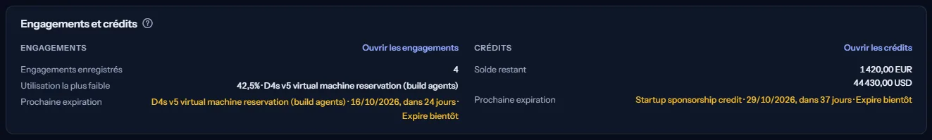 Le panneau des engagements et crédits : d'un côté le nombre d'engagements, l'utilisation la plus faible et la prochaine expiration, de l'autre le solde de crédit restant pour chaque devise et sa prochaine expiration.