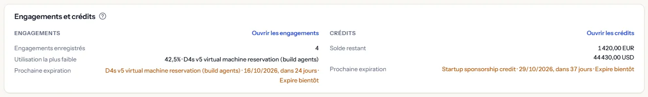 Le panneau des engagements et crédits : d'un côté le nombre d'engagements, l'utilisation la plus faible et la prochaine expiration, de l'autre le solde de crédit restant pour chaque devise et sa prochaine expiration.
