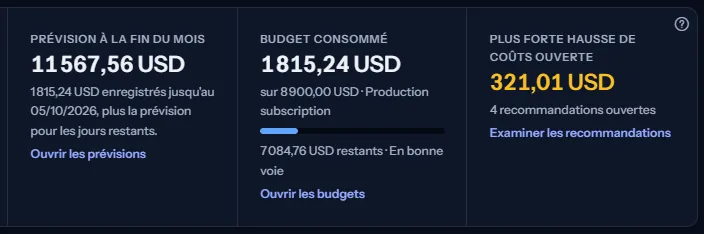Trois vignettes : la prévision à la fin du mois avec la part enregistrée indiquée en dessous, le budget consommé avec une barre et une étiquette de risque, et la plus forte hausse de coûts ouverte avec le nombre de recommandations ouvertes.