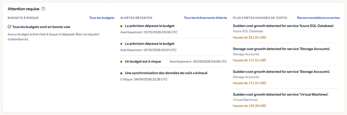 Le panneau d'attention requise avec trois listes : les budgets à risque, qui indique en toutes lettres quand aucun ne l'est, les alertes récentes avec leur gravité, et les plus fortes hausses de coûts avec le montant de chaque hausse.