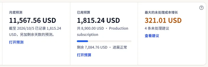 三个磁贴：月底预测，下方注明已记录部分；已用预算，带进度条和风险标签；最大的未处理成本增长，带未处理建议的数量。