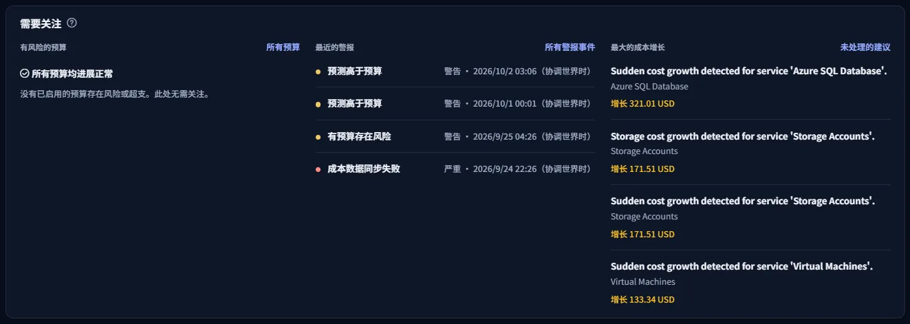 需要关注面板包含三个列表：有风险的预算（没有预算存在风险时会用文字说明）、最近的警报及其严重程度，以及最大的成本增长及每项增长的金额。