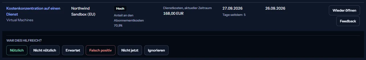 Eine Zeile des Verlaufs der Verwerfungen mit dem darunter geöffneten Feedback: die Frage, ob sie hilfreich war, und die sechs Antworten, von nützlich bis ignorieren.