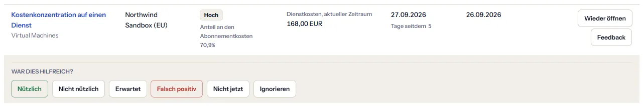 Eine Zeile des Verlaufs der Verwerfungen mit dem darunter geöffneten Feedback: die Frage, ob sie hilfreich war, und die sechs Antworten, von nützlich bis ignorieren.