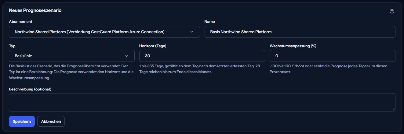 Das Formular eines neuen Prognoseszenarios, geöffnet über das Anlegen einer Basis: Northwind Shared Platform mit seiner Verbindung gewählt, ein vorgeschlagener Name, der Typ Basis, ein Horizont von 30 Tagen mit dem Hinweis auf die Tage bis Monatsende, eine Wachstumsanpassung von 0 und eine leere Beschreibung.