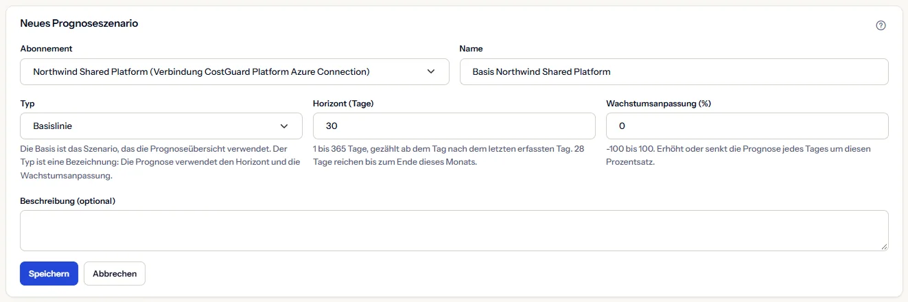 Das Formular eines neuen Prognoseszenarios, geöffnet über das Anlegen einer Basis: Northwind Shared Platform mit seiner Verbindung gewählt, ein vorgeschlagener Name, der Typ Basis, ein Horizont von 30 Tagen mit dem Hinweis auf die Tage bis Monatsende, eine Wachstumsanpassung von 0 und eine leere Beschreibung.