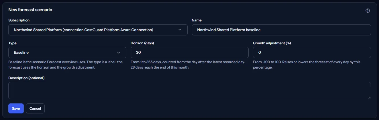 The form of a new forecast scenario opened from Create Baseline: Northwind Shared Platform chosen with its connection, a suggested name, the type Baseline, a horizon of 30 days with the hint on the days that reach the end of this month, a growth adjustment of 0 and an empty description.