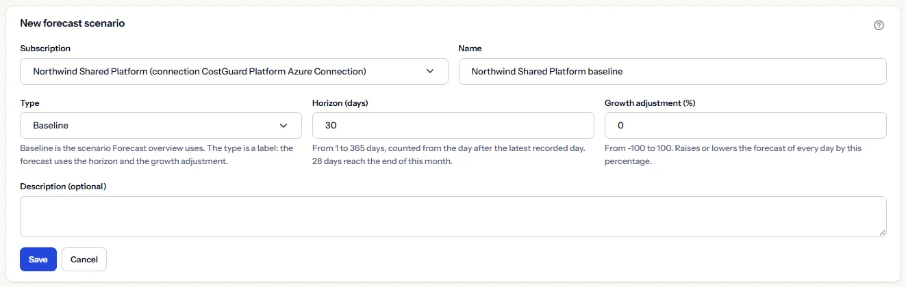 The form of a new forecast scenario opened from Create Baseline: Northwind Shared Platform chosen with its connection, a suggested name, the type Baseline, a horizon of 30 days with the hint on the days that reach the end of this month, a growth adjustment of 0 and an empty description.
