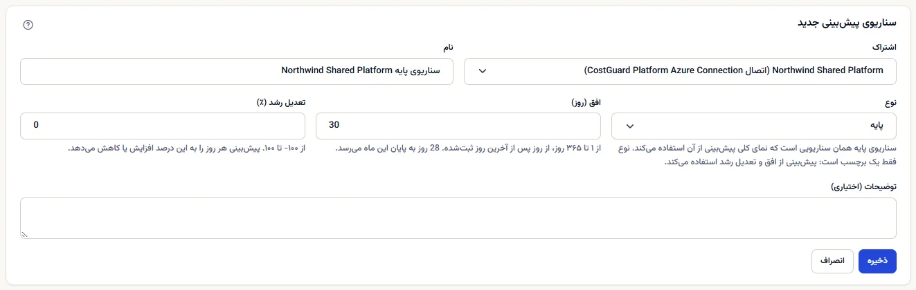 فرم سناریوی پیش‌بینی تازه که از ساختن سناریوی پایه باز شده: Northwind Shared Platform همراه با اتصالش برگزیده شده، نامی پیشنهادی، نوع پایه، افق ۳۰ روزه با راهنمای روزهایی که به پایان این ماه می‌رسند، تعدیل رشد 0 و توضیحی خالی.