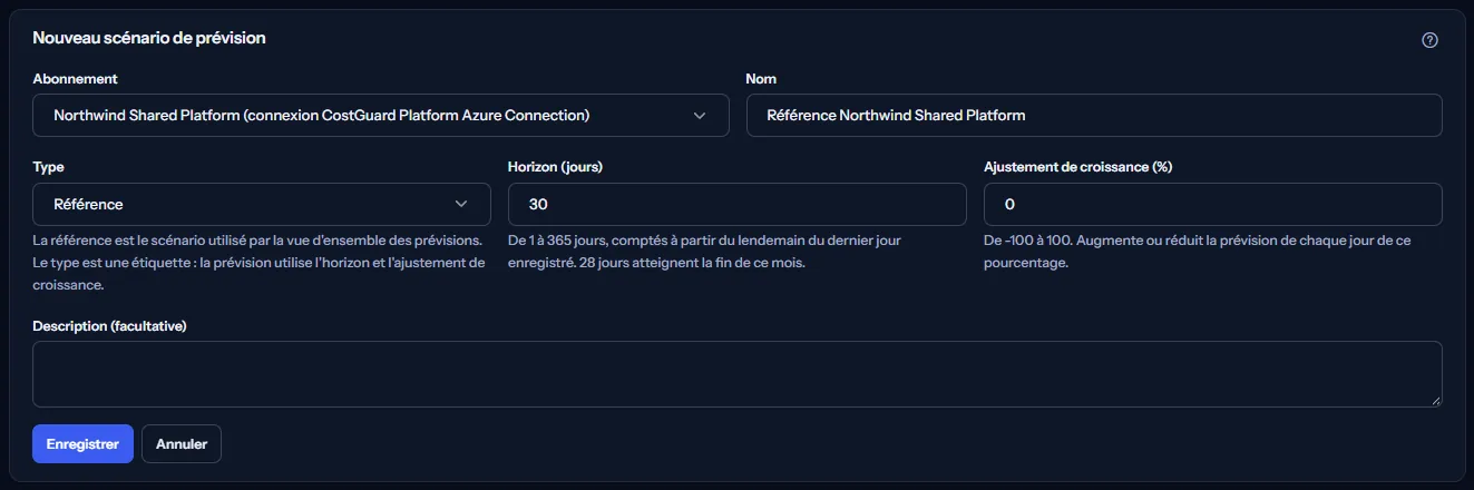 Le formulaire d'un nouveau scénario de prévision ouvert depuis la création de référence : Northwind Shared Platform choisi avec sa connexion, un nom proposé, le type référence, un horizon de 30 jours avec l'indication des jours qui atteignent la fin de ce mois, un ajustement de croissance de 0 et une description vide.