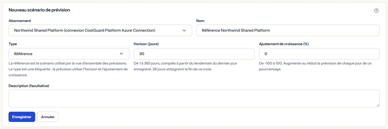 Le formulaire d'un nouveau scénario de prévision ouvert depuis la création de référence : Northwind Shared Platform choisi avec sa connexion, un nom proposé, le type référence, un horizon de 30 jours avec l'indication des jours qui atteignent la fin de ce mois, un ajustement de croissance de 0 et une description vide.