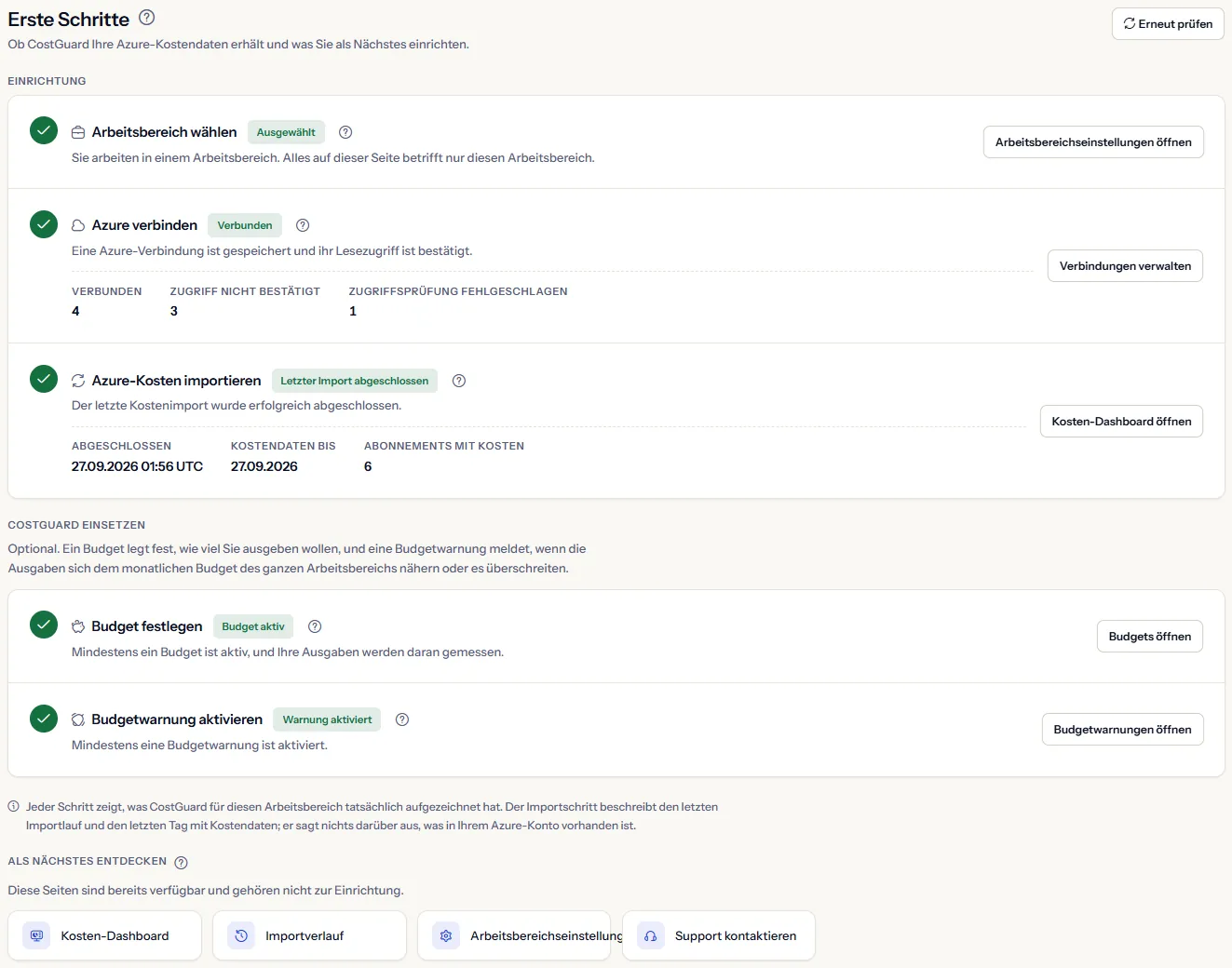 Die Seite „Erste Schritte“ mit den drei Einrichtungsschritten, den zwei optionalen Schritten und den Links zum Entdecken, jeder Schritt als erledigt markiert.
