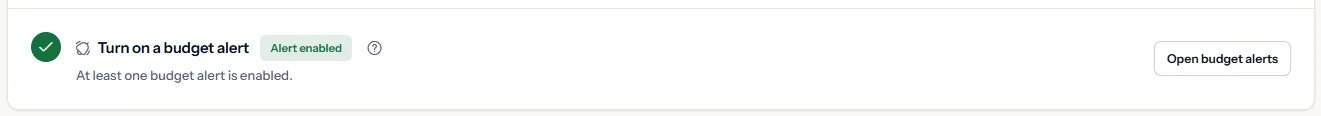 The budget alert step with the status “Alert enabled” and the button “Open budget alerts”.