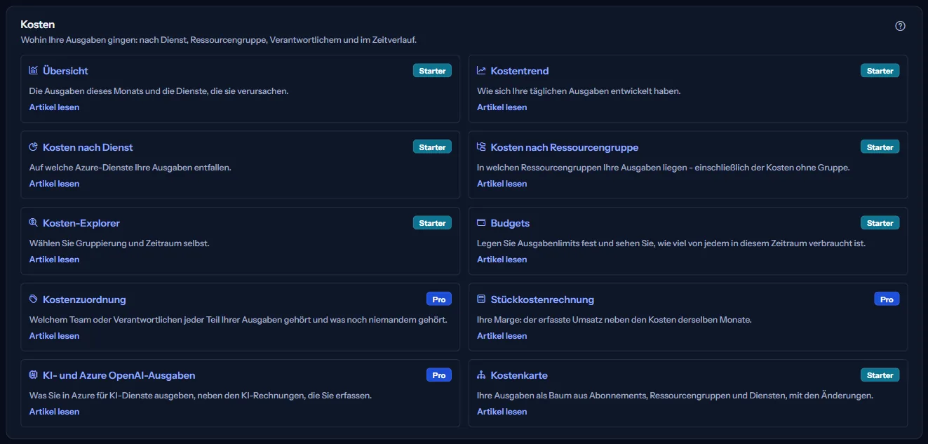 Eine Kartengruppe, jede Karte mit Seitenname und Zeile, bei manchen ein Plan-Badge und „Artikel lesen“ bei den Seiten mit Artikel.