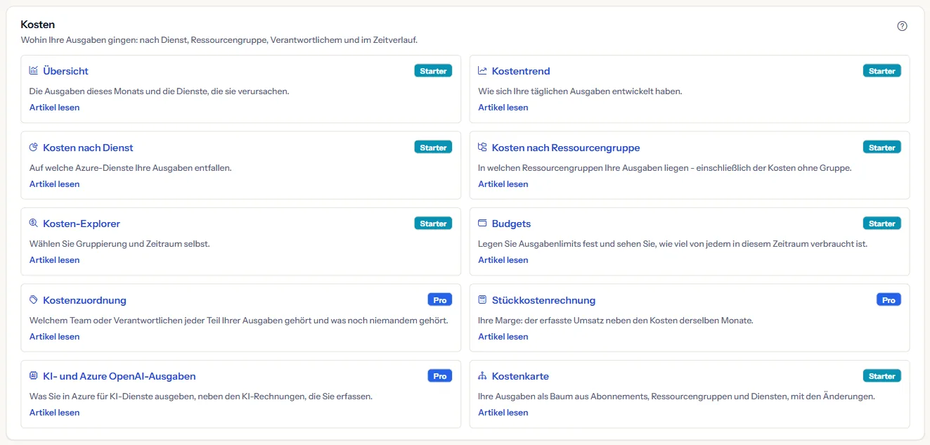Eine Kartengruppe, jede Karte mit Seitenname und Zeile, bei manchen ein Plan-Badge und „Artikel lesen“ bei den Seiten mit Artikel.