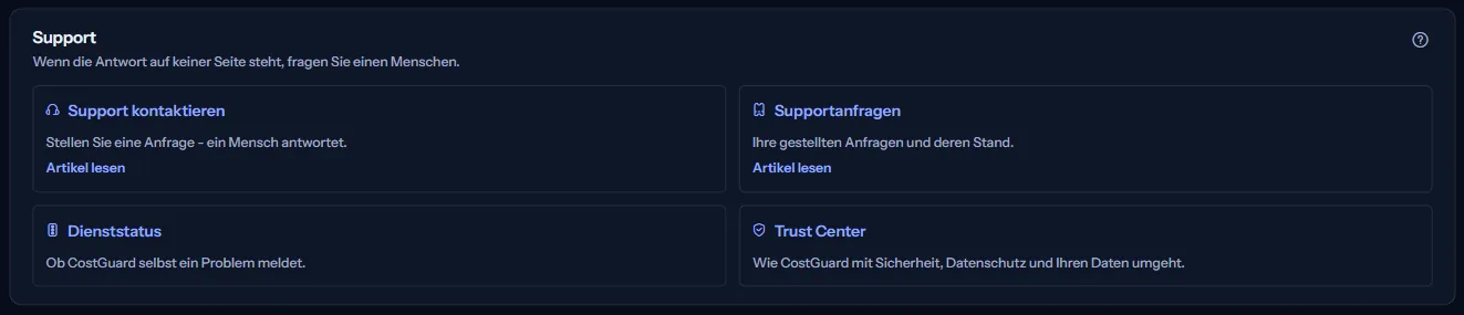 Die Gruppe „Support“ des Hilfecenters mit den Karten „Support kontaktieren“, „Supportanfragen“, „Dienststatus“ und „Trust Center“.