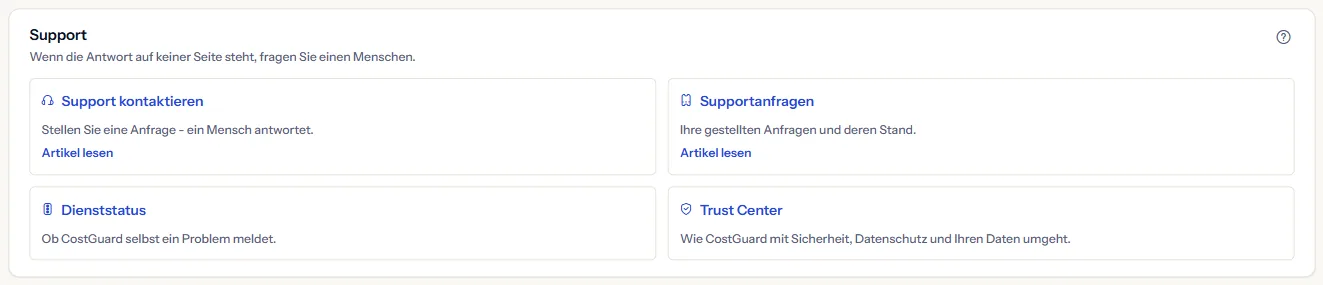 Die Gruppe „Support“ des Hilfecenters mit den Karten „Support kontaktieren“, „Supportanfragen“, „Dienststatus“ und „Trust Center“.