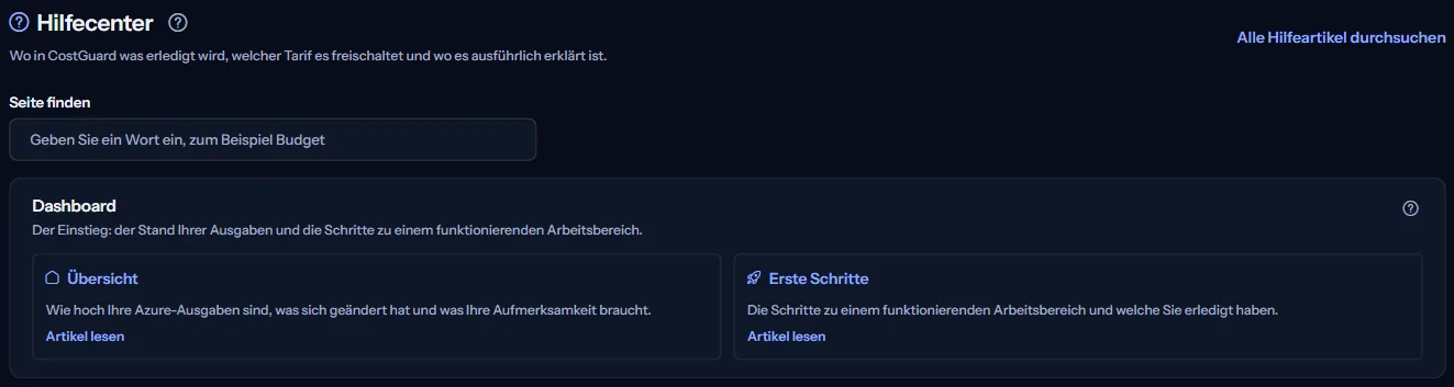 Der obere Teil des Hilfecenters: die Überschrift, der Link „Alle Hilfeartikel durchsuchen“, das Feld „Seite finden“ und die erste Kartengruppe.