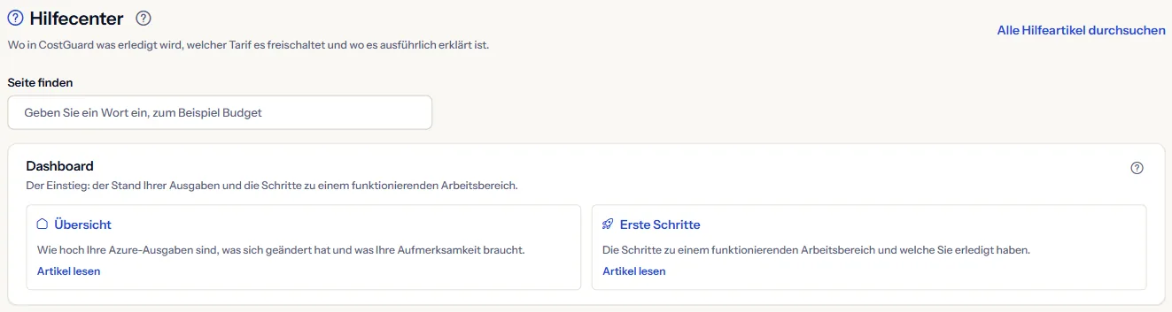 Der obere Teil des Hilfecenters: die Überschrift, der Link „Alle Hilfeartikel durchsuchen“, das Feld „Seite finden“ und die erste Kartengruppe.
