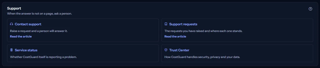 The “Support” group of the Help center, with the cards “Contact support”, “Support requests”, “Service status” and “Trust Center”.