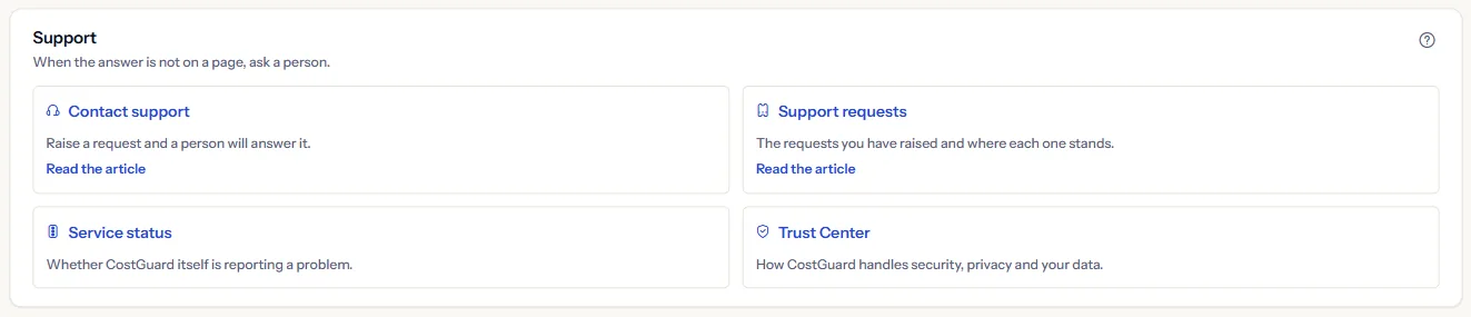 The “Support” group of the Help center, with the cards “Contact support”, “Support requests”, “Service status” and “Trust Center”.