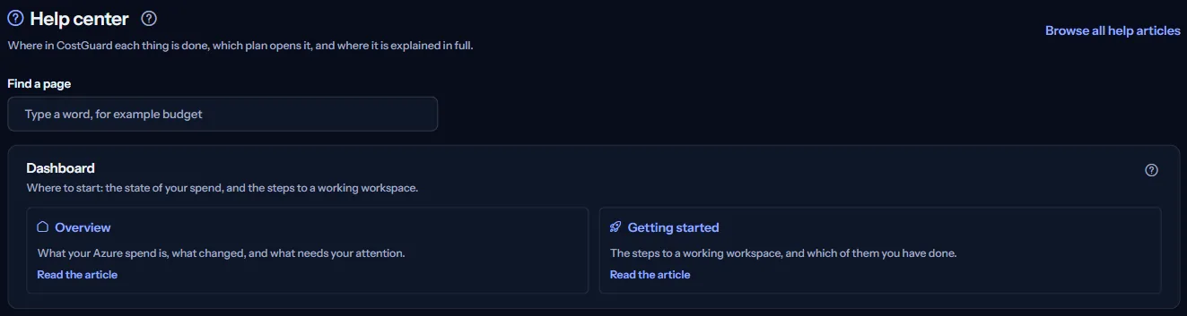 The top of the Help center: the heading, the “Browse all help articles” link, the “Find a page” box and the first group of cards.