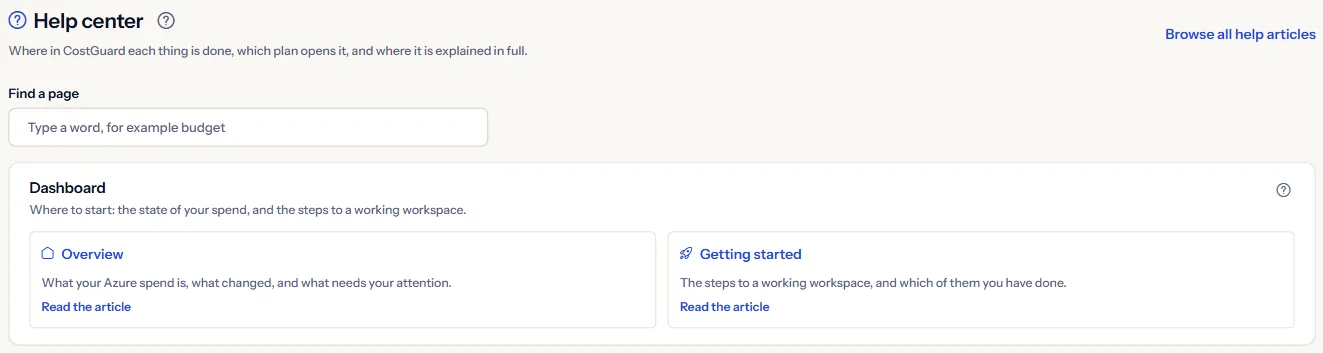 The top of the Help center: the heading, the “Browse all help articles” link, the “Find a page” box and the first group of cards.