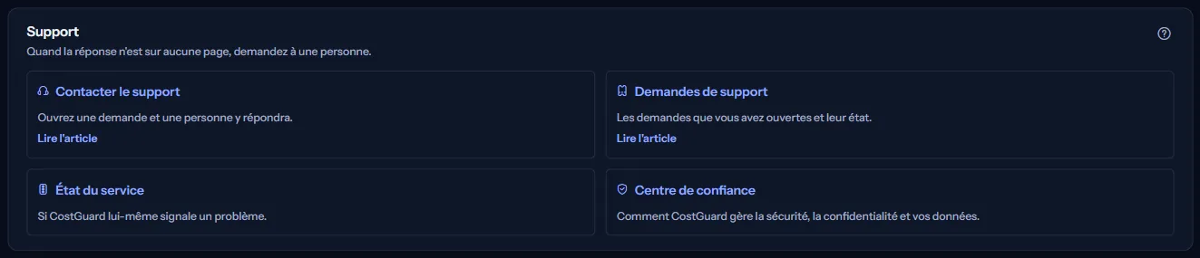 Le groupe « Support » du centre d'aide, avec les cartes « Contacter le support », « Demandes de support », « État du service » et « Centre de confiance ».