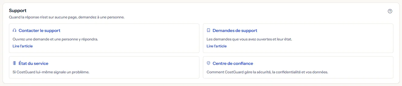 Le groupe « Support » du centre d'aide, avec les cartes « Contacter le support », « Demandes de support », « État du service » et « Centre de confiance ».