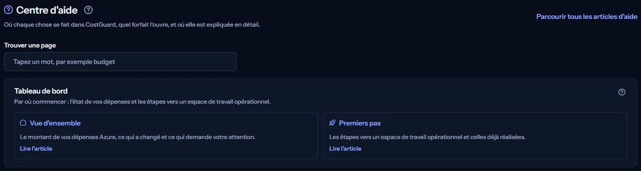 Le haut du centre d'aide : le titre, le lien « Parcourir tous les articles d'aide », la zone « Trouver une page » et le premier groupe de cartes.