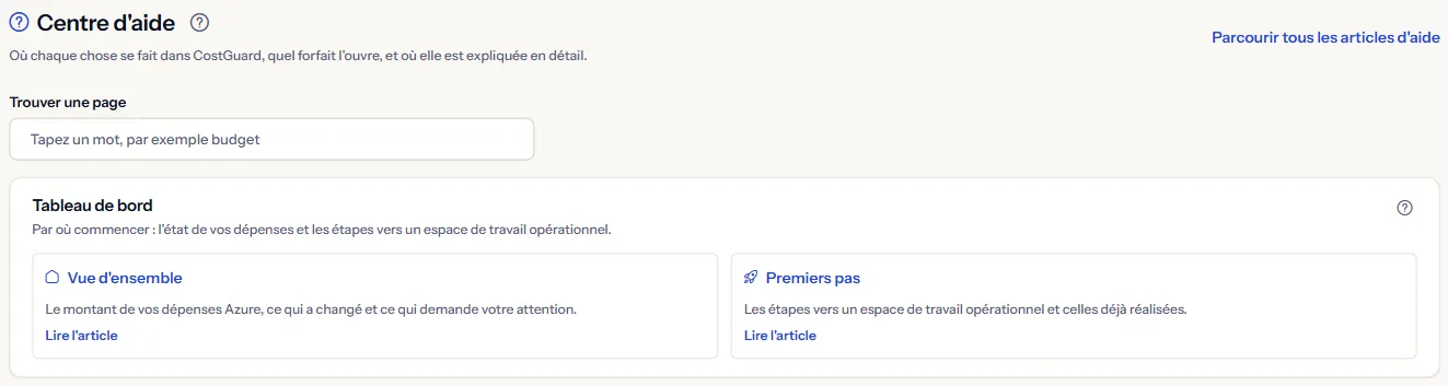 Le haut du centre d'aide : le titre, le lien « Parcourir tous les articles d'aide », la zone « Trouver une page » et le premier groupe de cartes.
