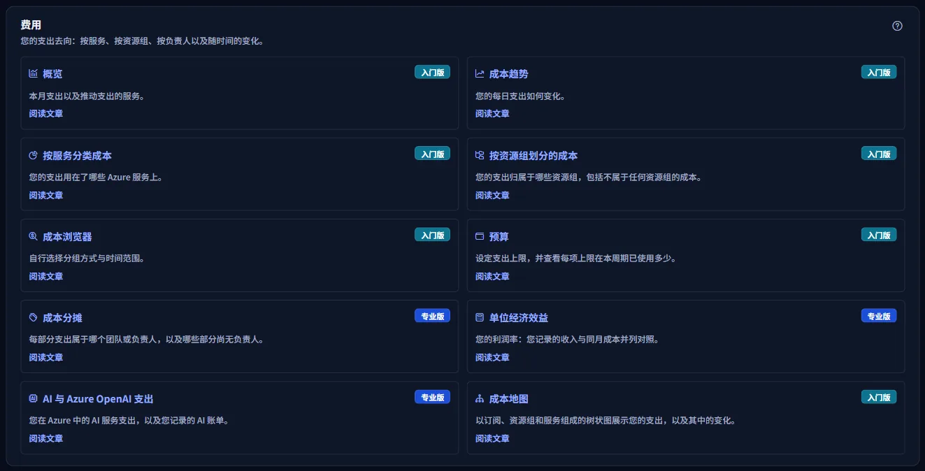 一组卡片，每张都有页面名称和说明行，部分带有套餐标记，有文章的页面带有“阅读文章”。