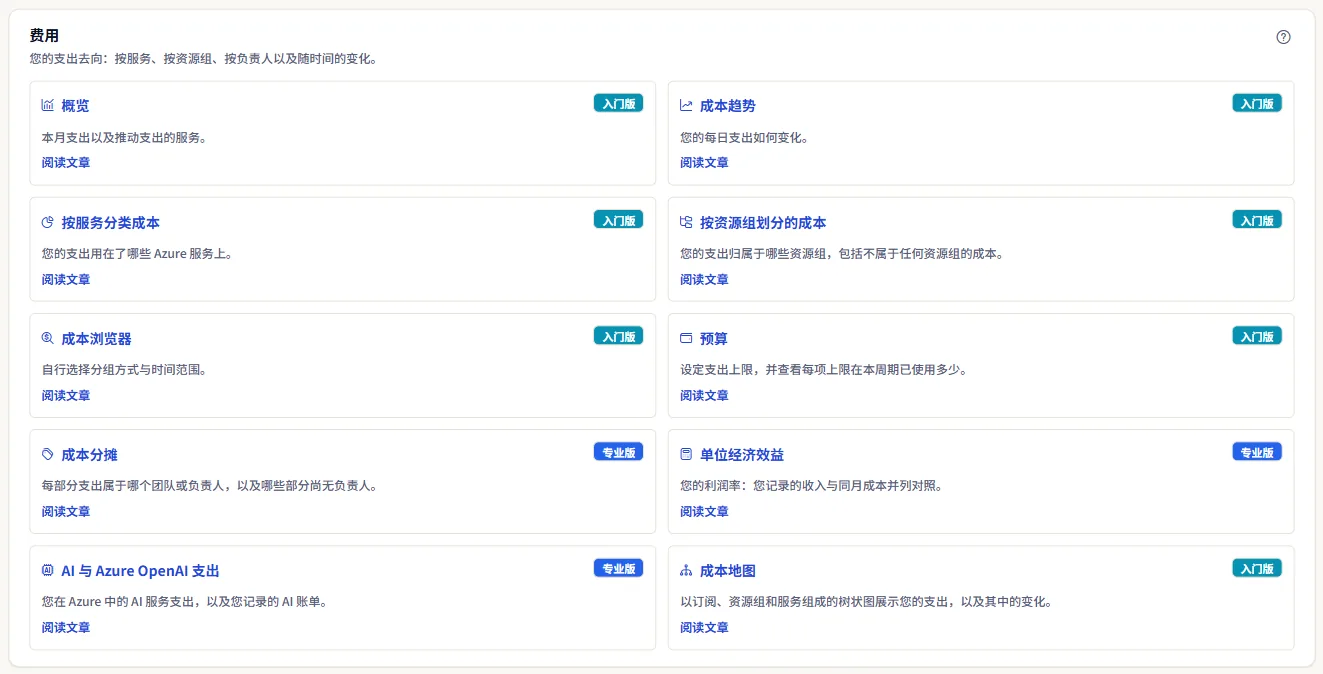 一组卡片，每张都有页面名称和说明行，部分带有套餐标记，有文章的页面带有“阅读文章”。