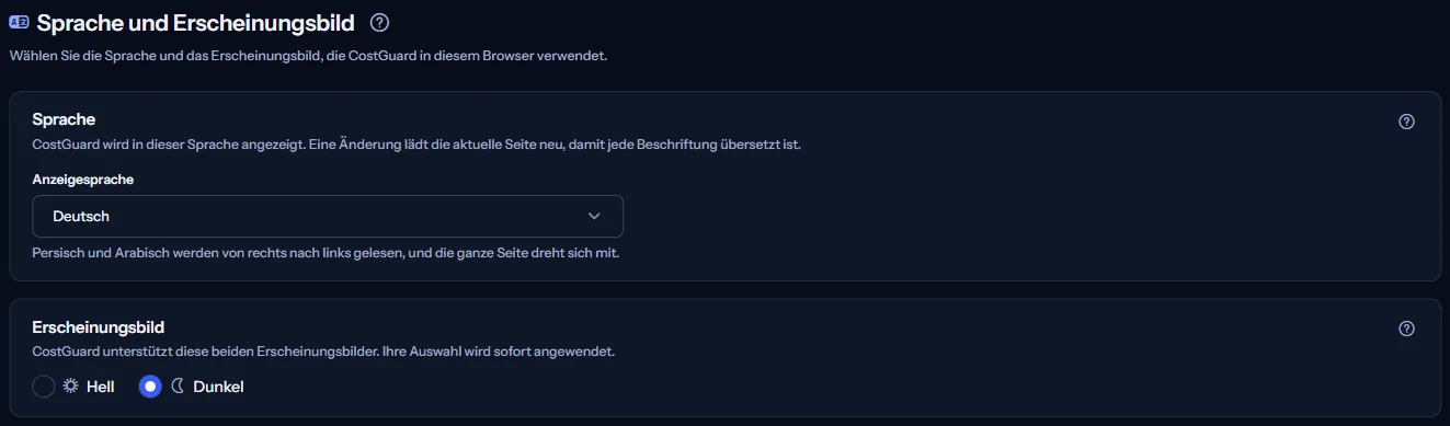 Die Seite Sprache und Erscheinungsbild: die Liste der Anzeigesprachen und die Auswahl Hell und Dunkel.