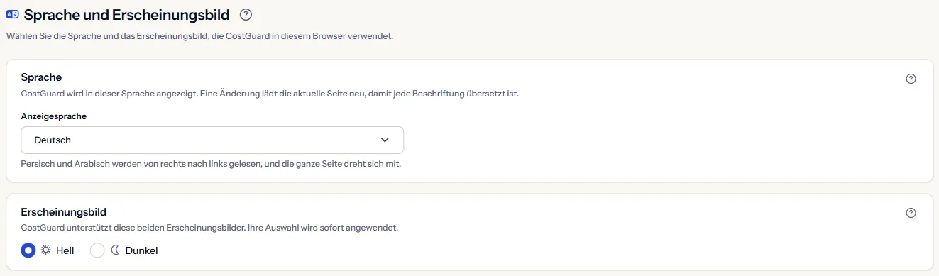 Die Seite Sprache und Erscheinungsbild: die Liste der Anzeigesprachen und die Auswahl Hell und Dunkel.