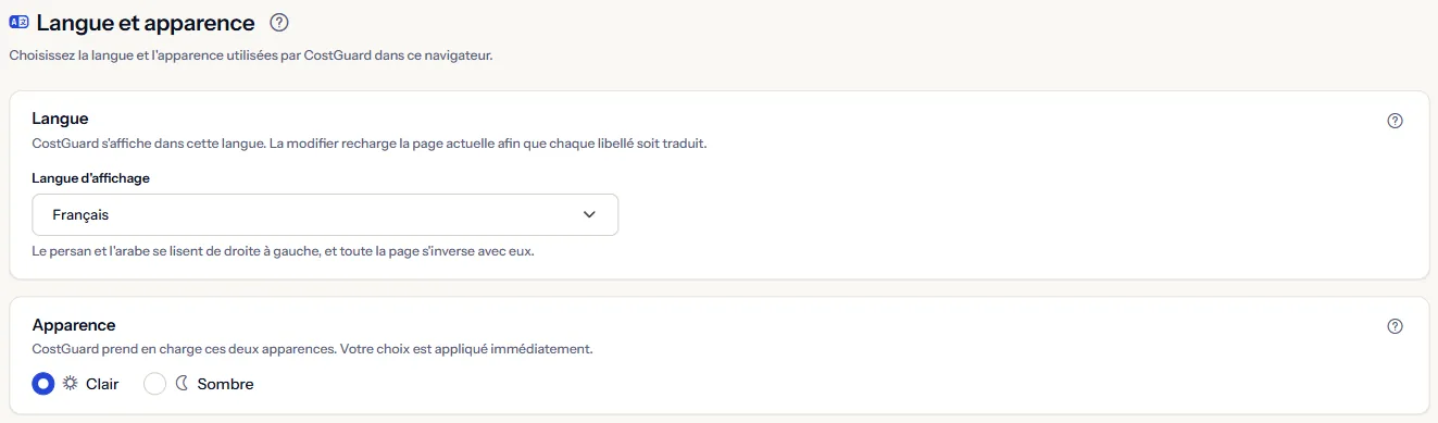 La page Langue et apparence : la liste des langues d'affichage et les choix Clair et Sombre.