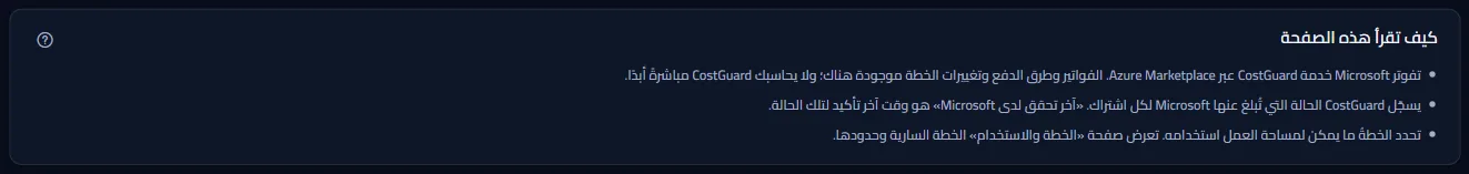 ملاحظات الصفحة: من يفوتر CostGuard، وما آخر تحقق لدى Microsoft، وأين تُعرض الخطة السارية.