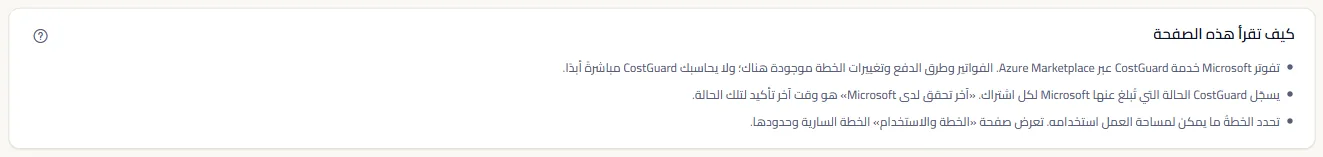 ملاحظات الصفحة: من يفوتر CostGuard، وما آخر تحقق لدى Microsoft، وأين تُعرض الخطة السارية.