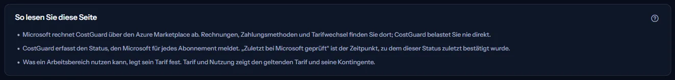 Die Hinweise der Seite: wer CostGuard abrechnet, was die letzte Prüfung bei Microsoft ist und wo der geltende Tarif angezeigt wird.