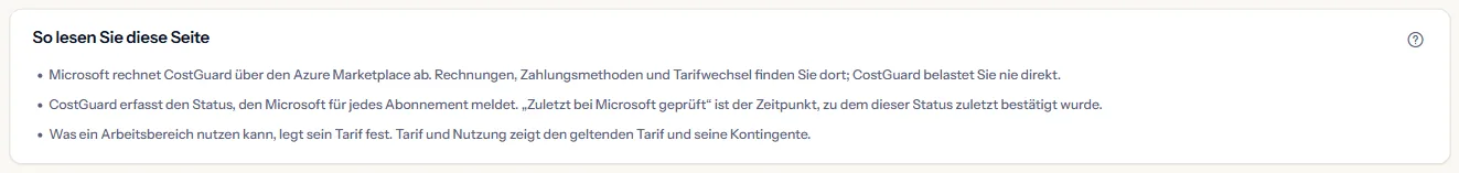 Die Hinweise der Seite: wer CostGuard abrechnet, was die letzte Prüfung bei Microsoft ist und wo der geltende Tarif angezeigt wird.