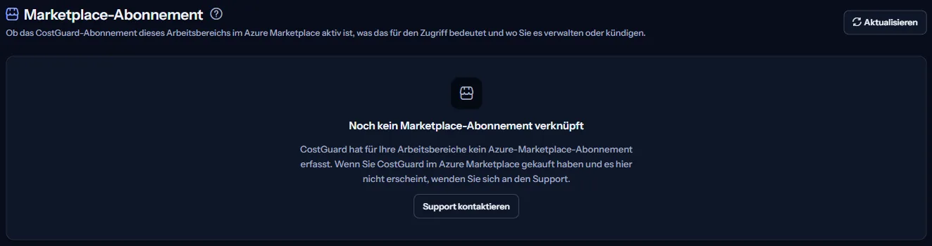 Die Seite Marketplace-Abonnement eines Arbeitsbereichs ohne verknüpftes Abonnement: die Überschrift, der Satz, dass noch keines verknüpft ist, und der Link zum Support.