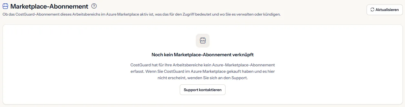 Die Seite Marketplace-Abonnement eines Arbeitsbereichs ohne verknüpftes Abonnement: die Überschrift, der Satz, dass noch keines verknüpft ist, und der Link zum Support.