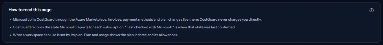 The notes of the page: who bills CostGuard, what the last check with Microsoft is, and where the plan in force is shown.
