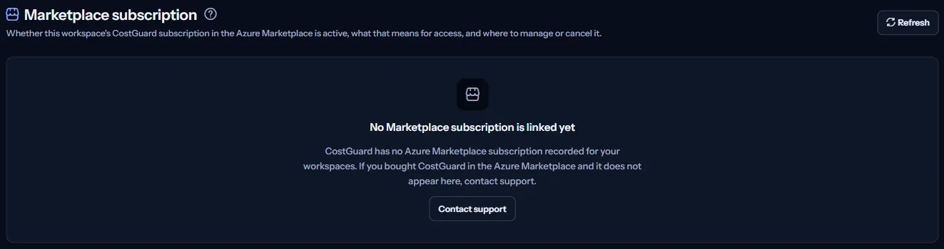 The Marketplace subscription page of a workspace with no subscription linked: the heading, the sentence that none is linked yet, and the Contact support link.