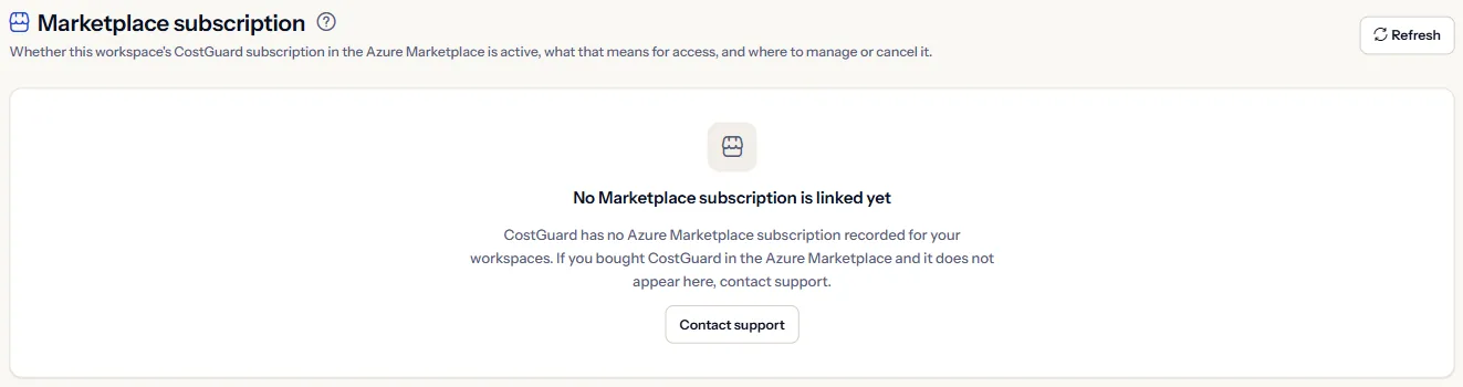 The Marketplace subscription page of a workspace with no subscription linked: the heading, the sentence that none is linked yet, and the Contact support link.