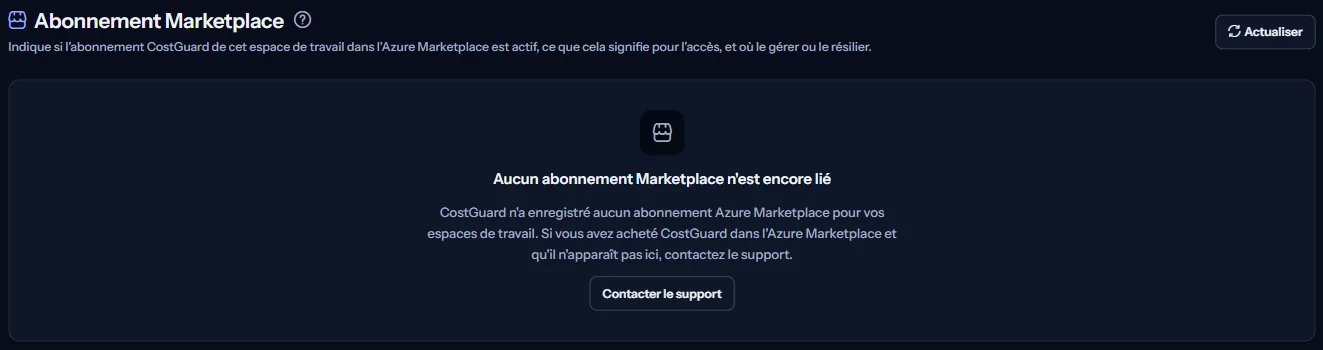 La page Abonnement Marketplace d'un espace de travail sans abonnement lié : le titre, la phrase indiquant qu'aucun n'est encore lié, et le lien de contact du support.