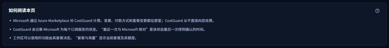 页面的说明:谁为 CostGuard 计费、与 Microsoft 的最近一次核对是什么,以及当前套餐显示在哪里。